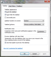Taskbar and Start Menu Properties - Click To Enlarge
